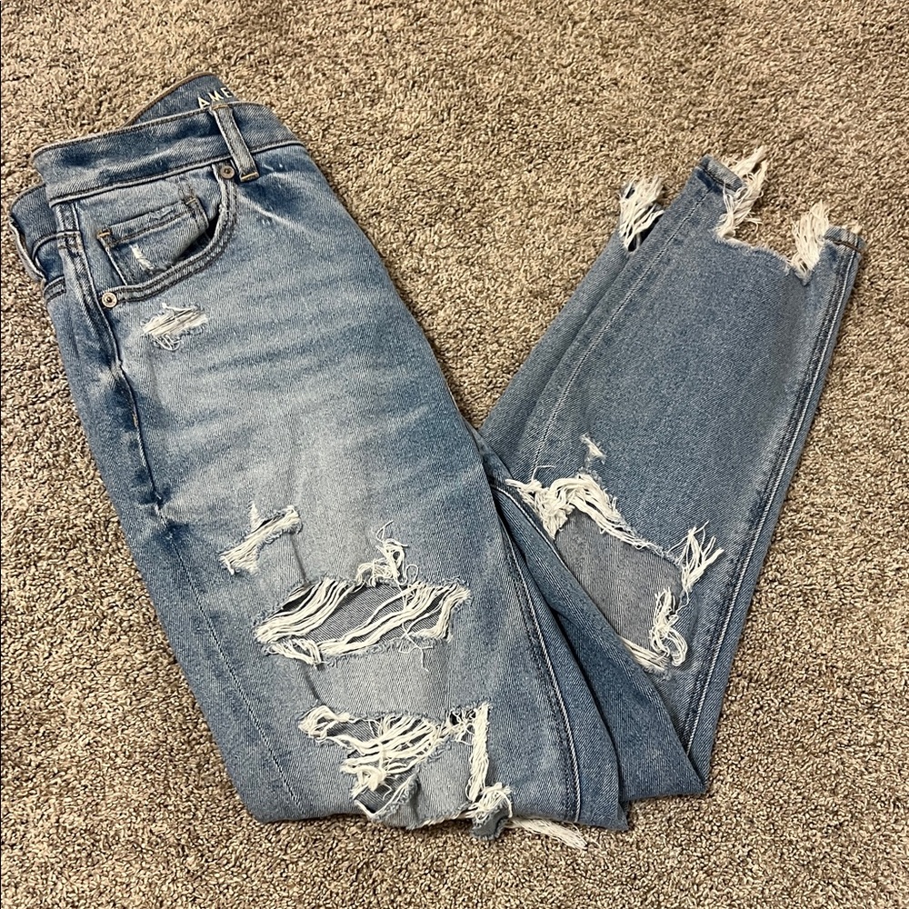 American Eagle Outfitters Ripped Blue Straight Leg Jeans